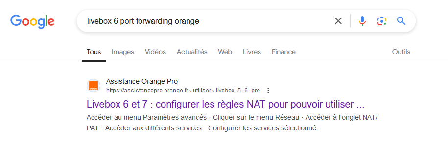 capture d'écran recherche google "livebox 6 port forwarding orange"