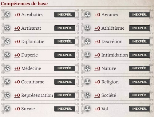 Les compétences de base de Pathfinder 2: Acrobatie, Arcanes, Artisanat, Athlétisme, Diplomatie, Discrétion, Duperie, Intimidation, Médecine, Nature, Occultisme, Religion, Représentation, Société, Survie et Vol